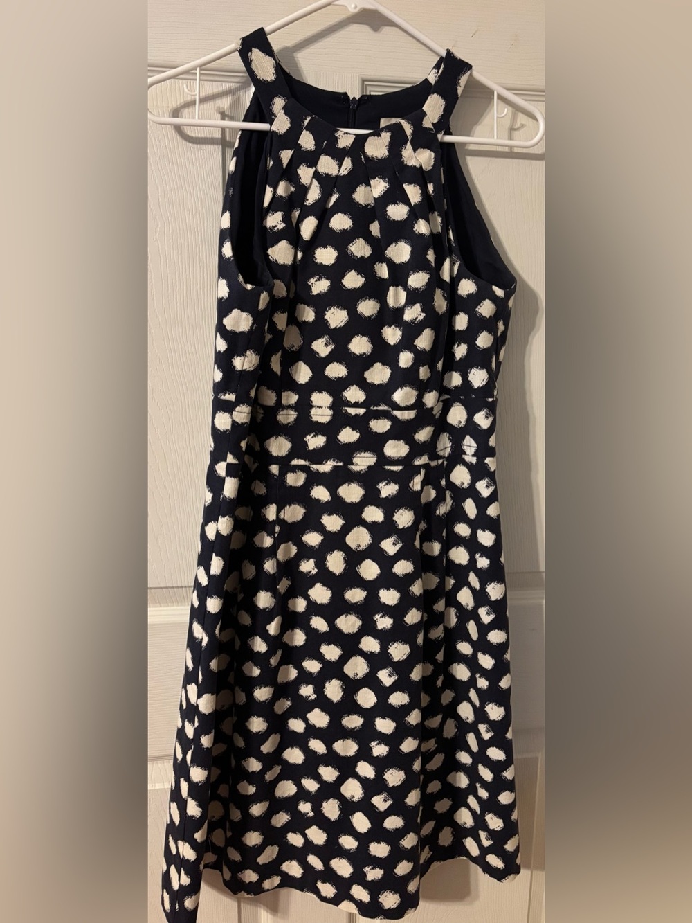LOFT Black and Cream Brushstroke Dot Pleated Dress
